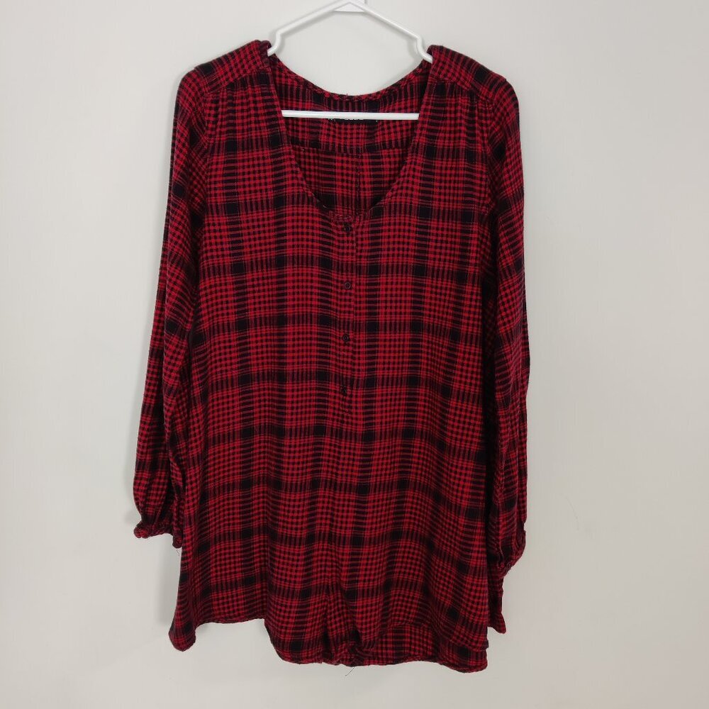 Volcom Women's Plaid Blouse Size L Cotton Red Black Casual Modest Lightweight